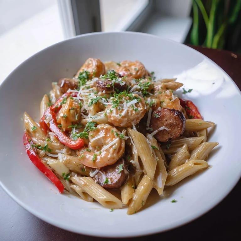 Savor the rich sauce of this Cajun Sausage & Shrimp Alfredo Pasta Skillet, a perfect weeknight meal.