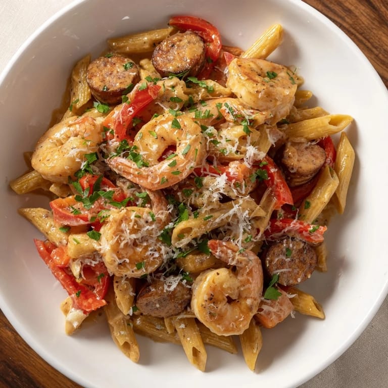 This creamy Cajun Sausage & Shrimp Alfredo Pasta Skillet awaits, with vibrant peppers and parsley garnish.