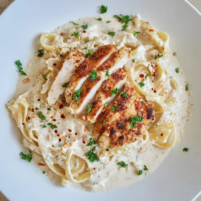 A close-up of steaming Spicy Cajun Chicken Alfredo with vibrant parsley garnish, ready to enjoy.