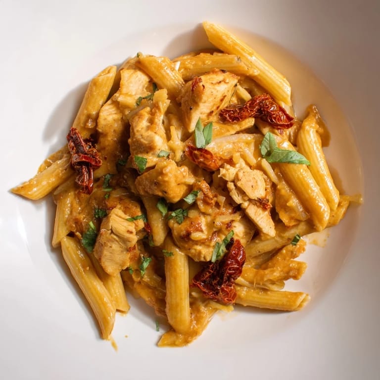 This Creamy Tomato Basil Chicken Pasta showcases warm, inviting textures, including a rich, glossy tomato sauce.
