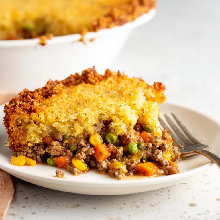 Steaming Cornbread Crusted Beef Pie: a warming, comforting family meal with beef and vegetables inside.
