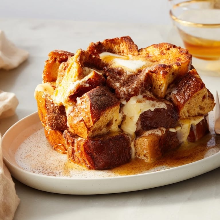 Warm, custardy French Toast Bake topped with a cinnamon-sugar crust, ready to serve with berries.