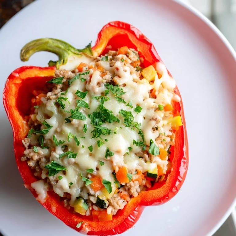A close-up of beautifully baked Stuffed Peppers, showcasing the flavorful ground turkey and rice filling.