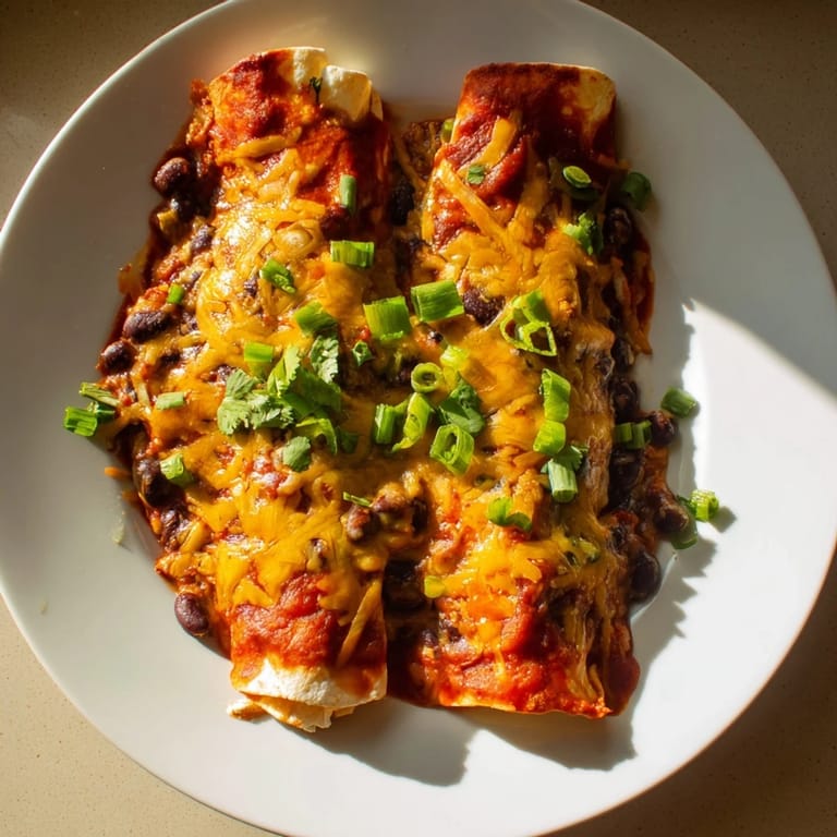 Mouthwatering close-up of cheesy, baked Cheesy Bean Enchiladas, perfect for a family dinner.