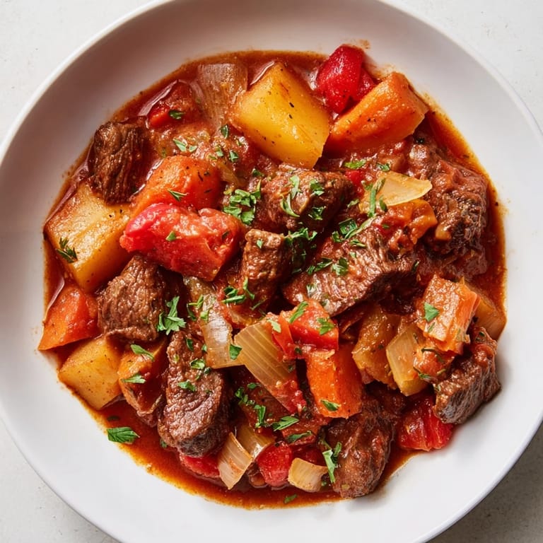 A close-up of a rustic, flavorful Instant Pot beef stew, perfect for a cozy weeknight dinner.