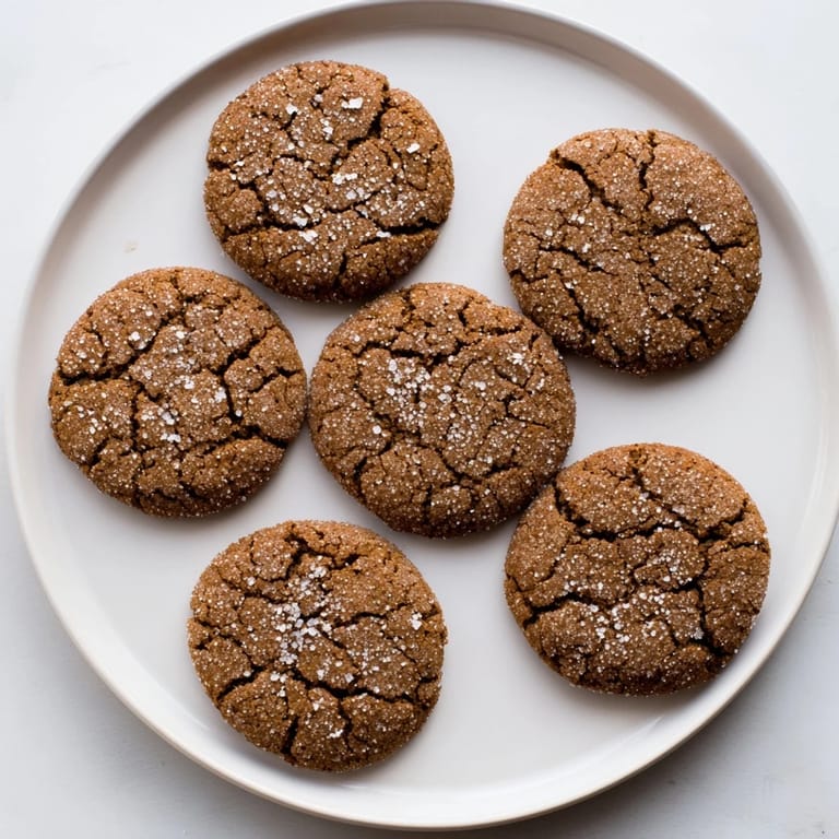 Golden-brown chewy soft molasses cookies with crinkled tops, ready to enjoy alongside a warm drink.