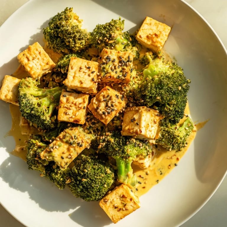 Steaming serving of Cheesy Baked Tofu and Broccoli, with crunchy toppings and savory sauce.
