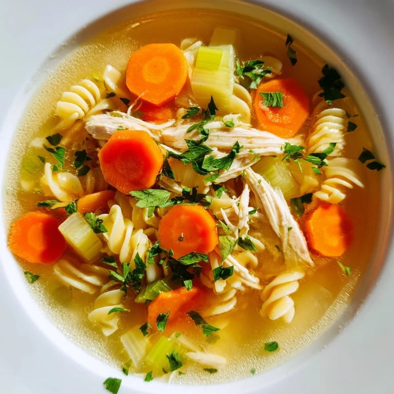 Close-up of a flavorful, comforting Crockpot Chicken Noodle Soup, perfect for a cozy dinner.