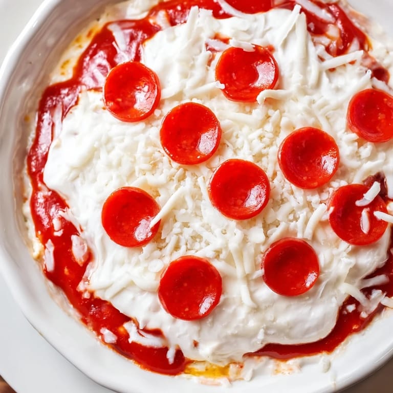 Close-up of a bubbling Pizza Dip, rich marinara, mozzarella, and pepperoni baked to perfection.