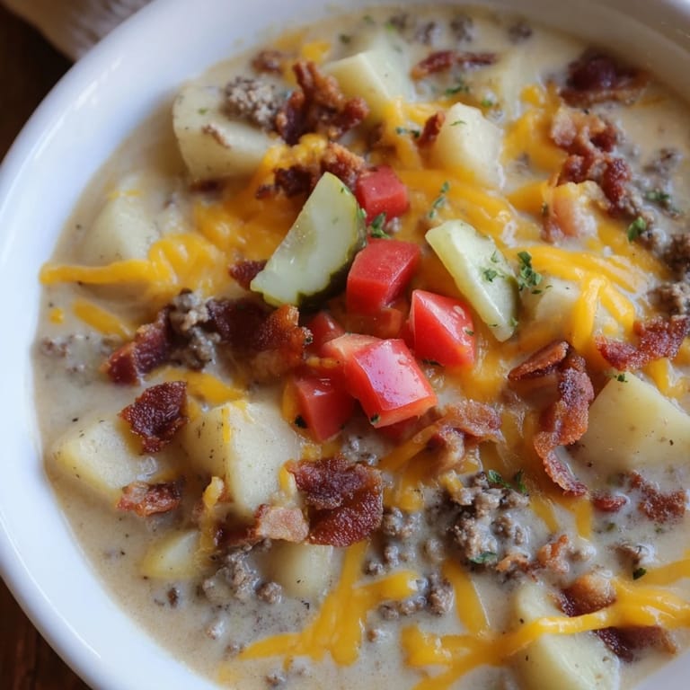 Flavorful Crockpot Cheeseburger Soup with ground beef, potatoes, and cheddar, perfect for a cozy dinner.