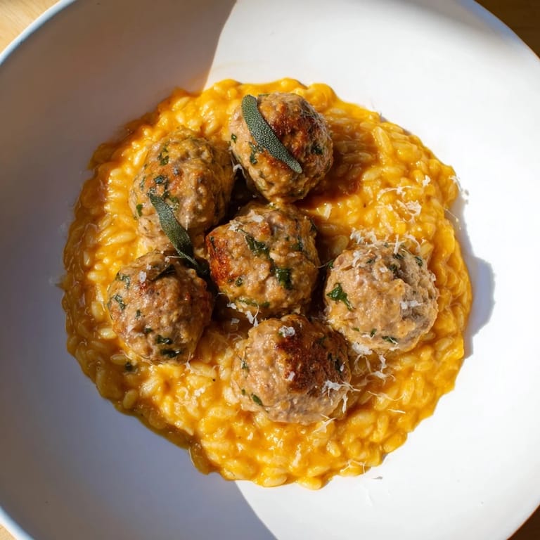 A comforting bowl of hearty sage turkey meatballs with pumpkin orzo, garnished with fresh herbs and Parmesan.