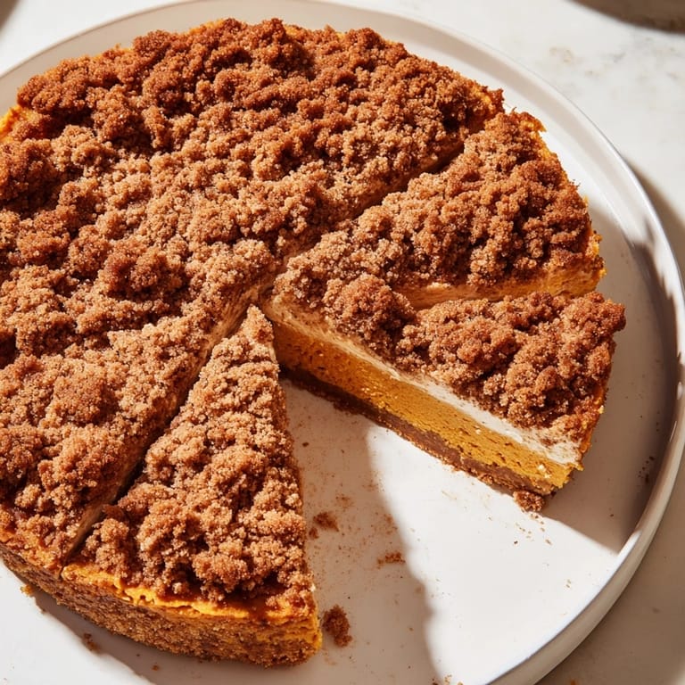 Warm, spiced pumpkin crisp in a baking dish, perfect for sharing at a Thanksgiving gathering.