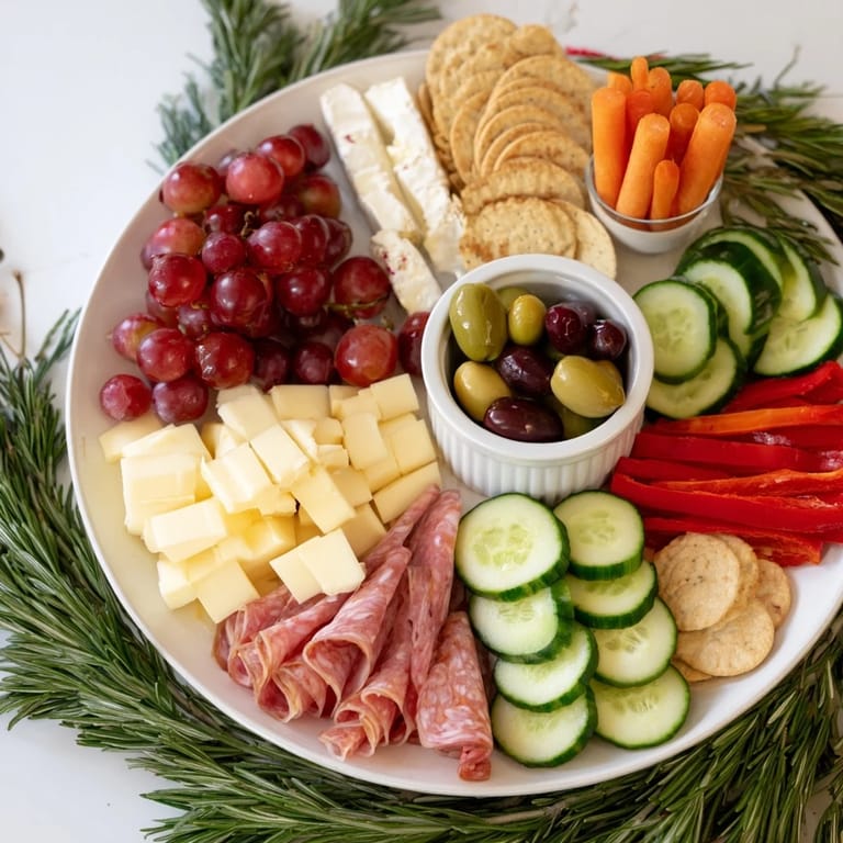 A delicious Simplified Grazing Board Wreath, visually appealing, with brie, grapes, olives, and a rosemary garnish.