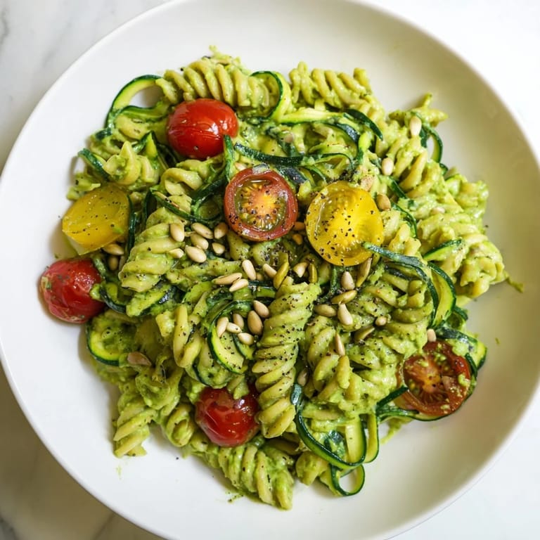 Spinach-infused sauce coats perfectly cooked vegan green goddess pasta, topped with fresh herbs.