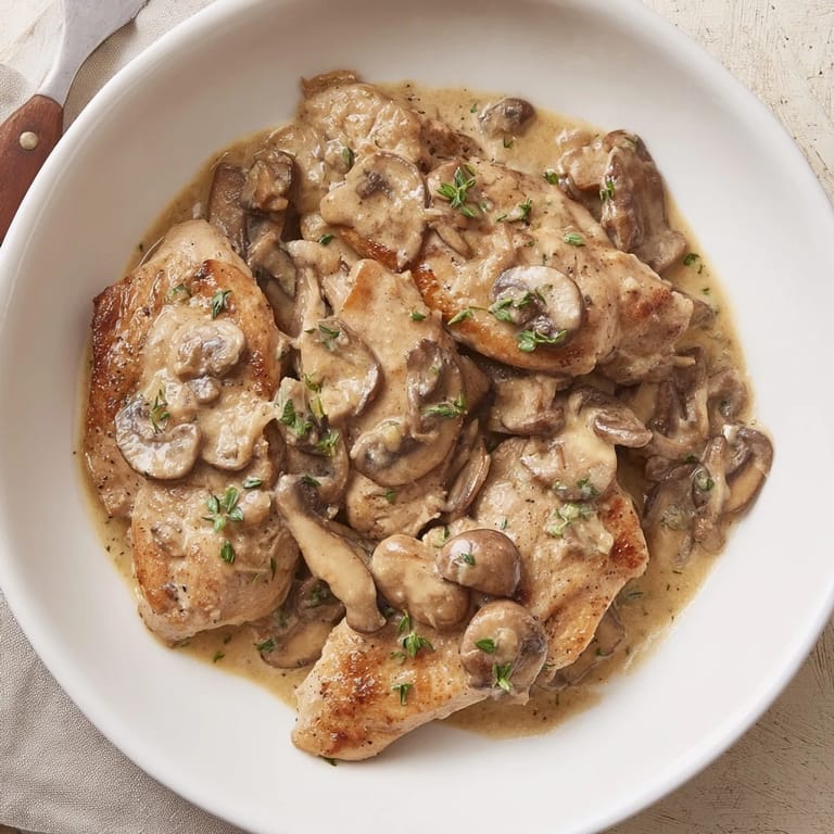 A delicious close-up showcases the tender chicken and earthy mushrooms in this flavorful Tarragon Chicken Skillet recipe.