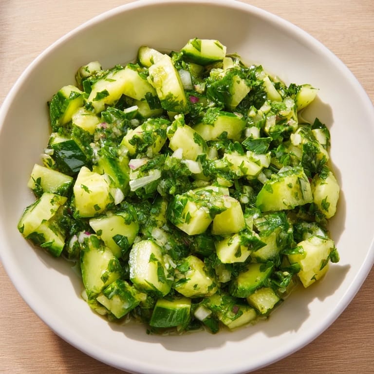 A close-up of Simple Cucumber and Dill Chopped Salad: crunchy cucumbers with fresh dill.