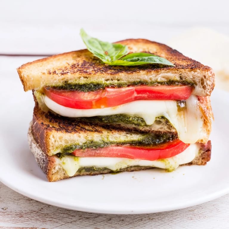 A close-up of a perfectly grilled Caprese Pesto Panini-Style Grilled Cheese, ready to eat.