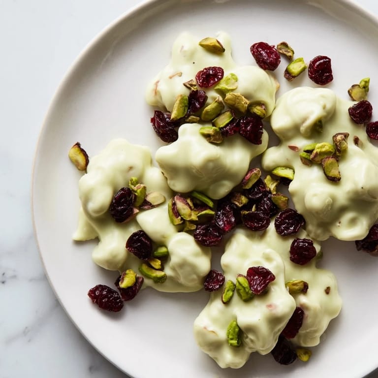 Freshly made matcha white chocolate cranberry bark clusters, perfect for gifting or snacking tonight.