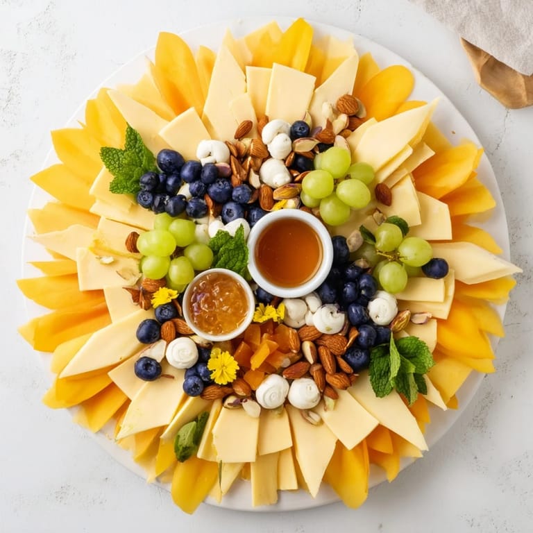 The enticing Daffodil Cheese Board presentation includes ripe fruits, nuts, and crackers perfect for spring.