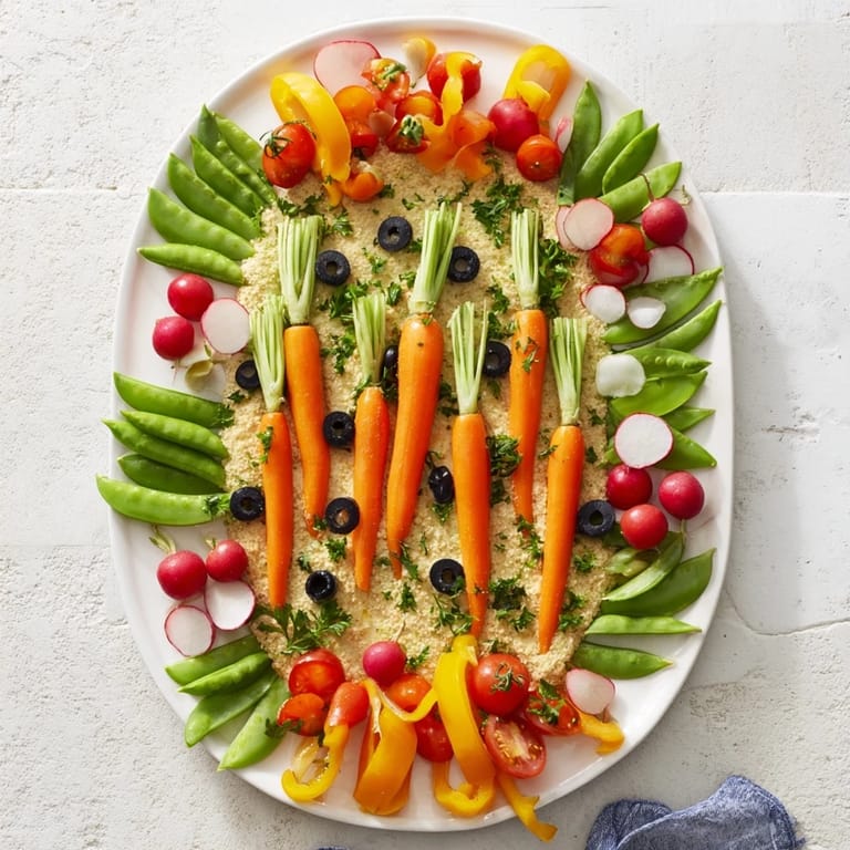 A colorful Carrot Patch Veggie Board appetizer with carrots, radishes, and bell peppers ready to enjoy.