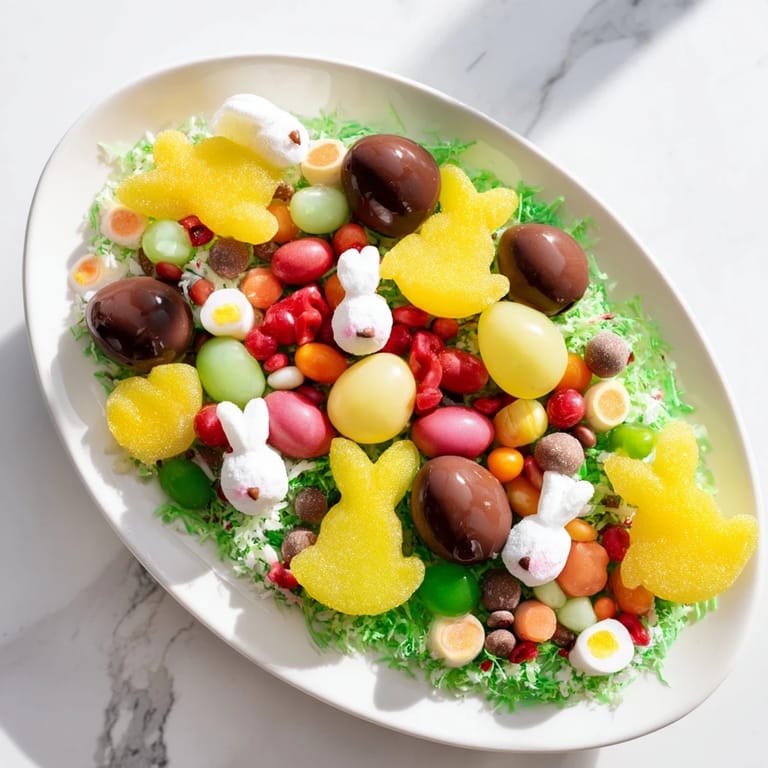 Vivid, close-up view of the festive Egg-Shaped Candy Platter, brimming with chocolate eggs and treats.