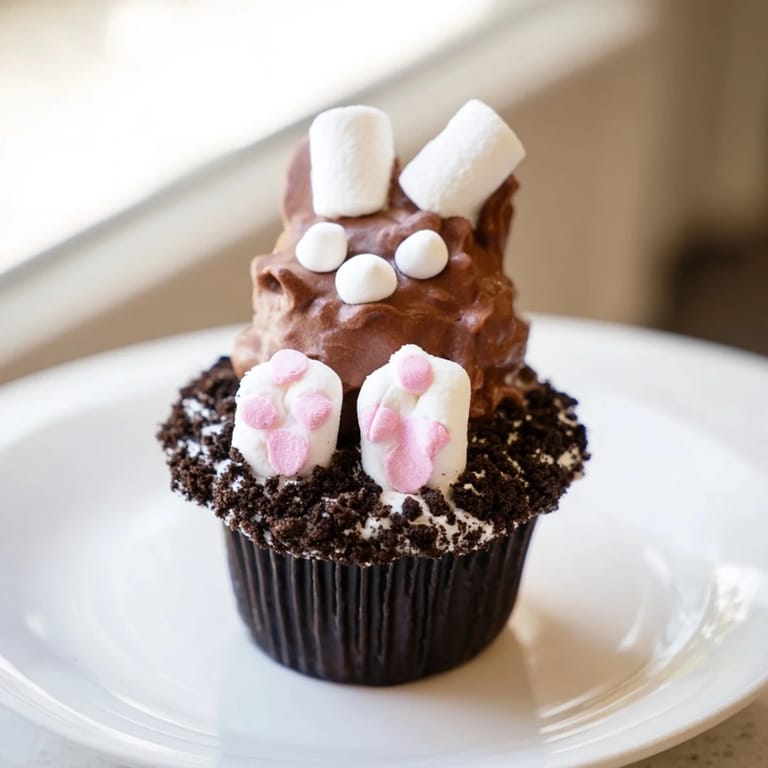 These adorable Bunny Burrow Cupcake Tray treats feature fluffy cupcakes with chocolate “dirt” and cute bunny details.