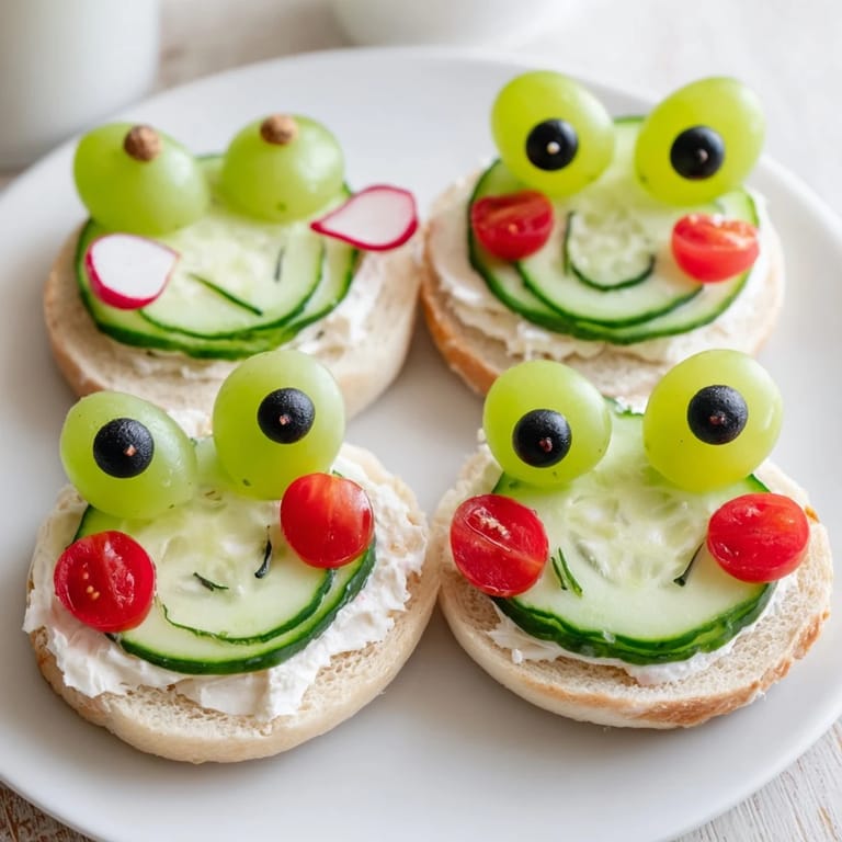 Homemade froggy sandwich cutouts filled with fresh cucumber, looking irresistibly cute and delicious for snacks.