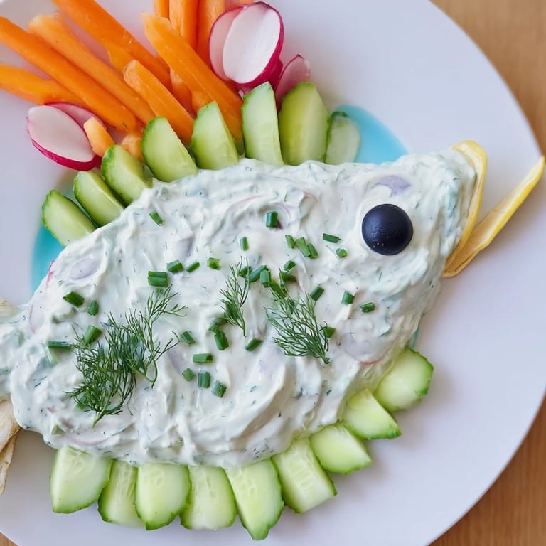 Creamy herbed dips and blue ranch create an Ocean Blue Fish-Shaped Dip Tray, delicious and eye-catching.