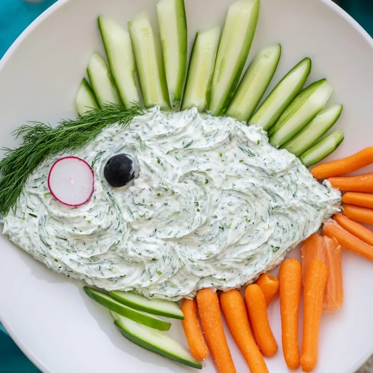 Vibrant image of Ocean Blue Fish-Shaped Dip Tray: fresh vegetables arranged in a cheerful party platter.
