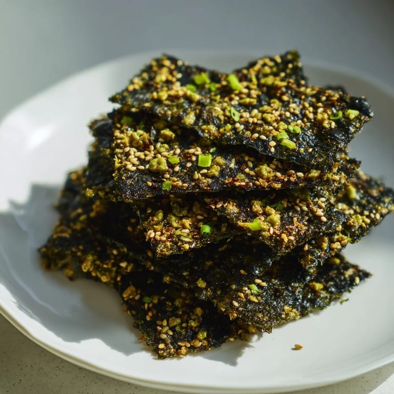 Close-up of savory Snacks de Vague Surf, bite-sized pieces with toasted sesame seed garnish.