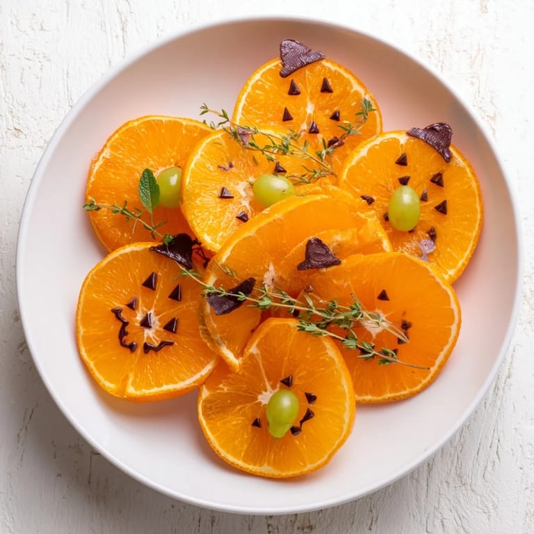 Close-up of festive Pumpkin Patch orange slices, creatively made with green grapes and mint.