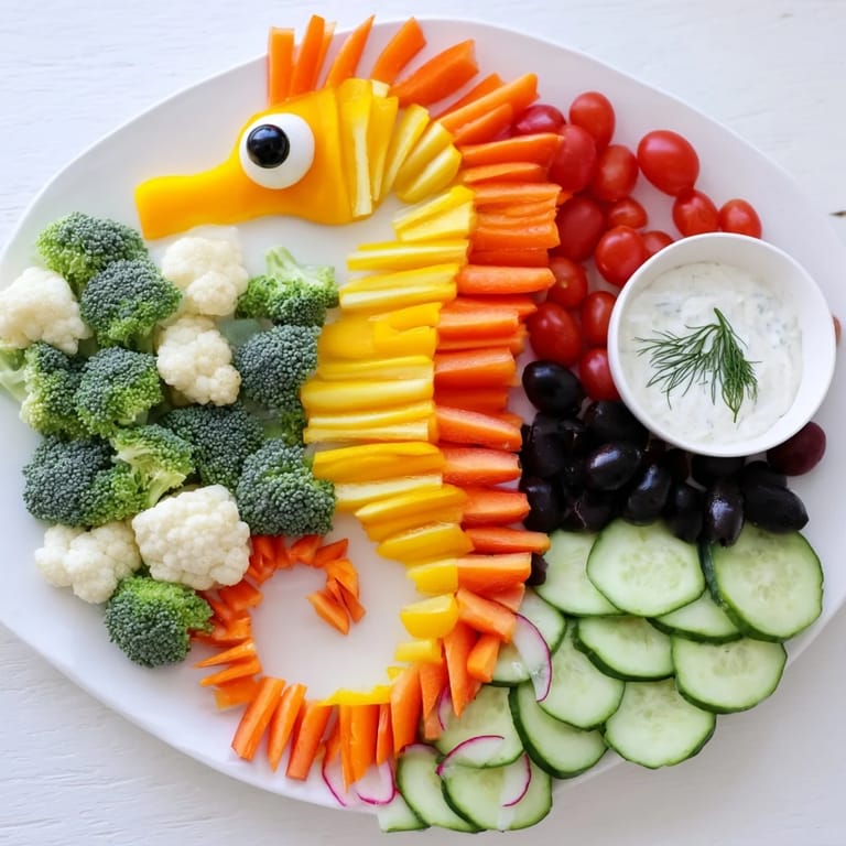 This delightful Seahorse Veggie Dip Platter showcases a creative array of colorful veggie dippers for everyone.