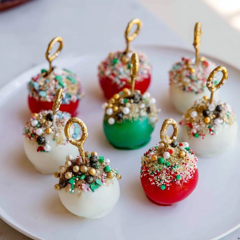 Close-up of delicious ornament ball cake pops, decorated with edible glitter and pretzel "hooks."