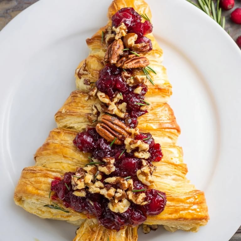 Festive holiday appetizer, a warm Brie en Croûte Pine Tree, ready to be served with crackers and wine.