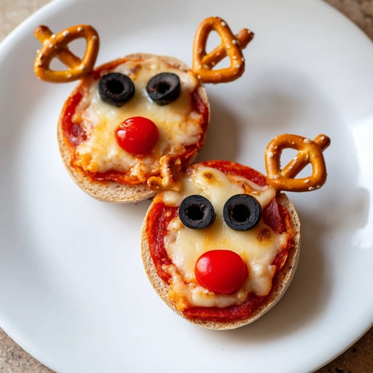 Deliciously melted mozzarella tops these festive Reindeer Face Pizza Bagels, baked and ready to eat.