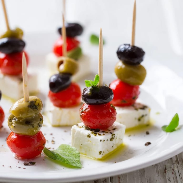 Mediterranean appetizer: Close-up of Holiday Cheers Olive and Feta Skewers, drizzled with olive oil, ready for your celebration.