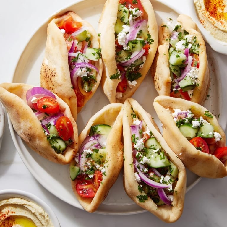 A close-up of a savory board: mini pita pockets overflowing with fresh vegetables and creamy hummus.