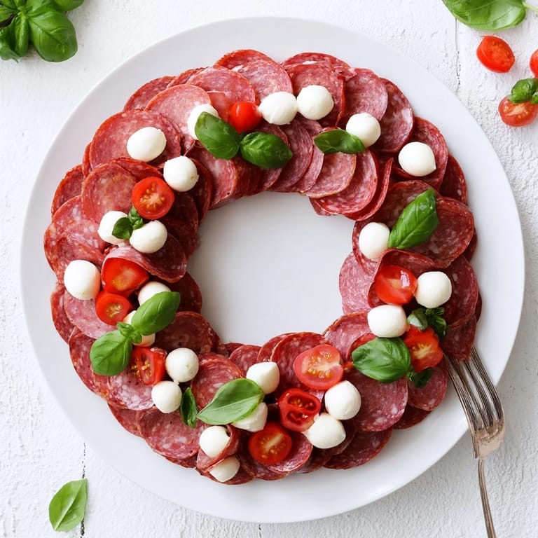 Artfully folded salami wreath appetizer with fresh basil, perfect for a gluten-free charcuterie board.