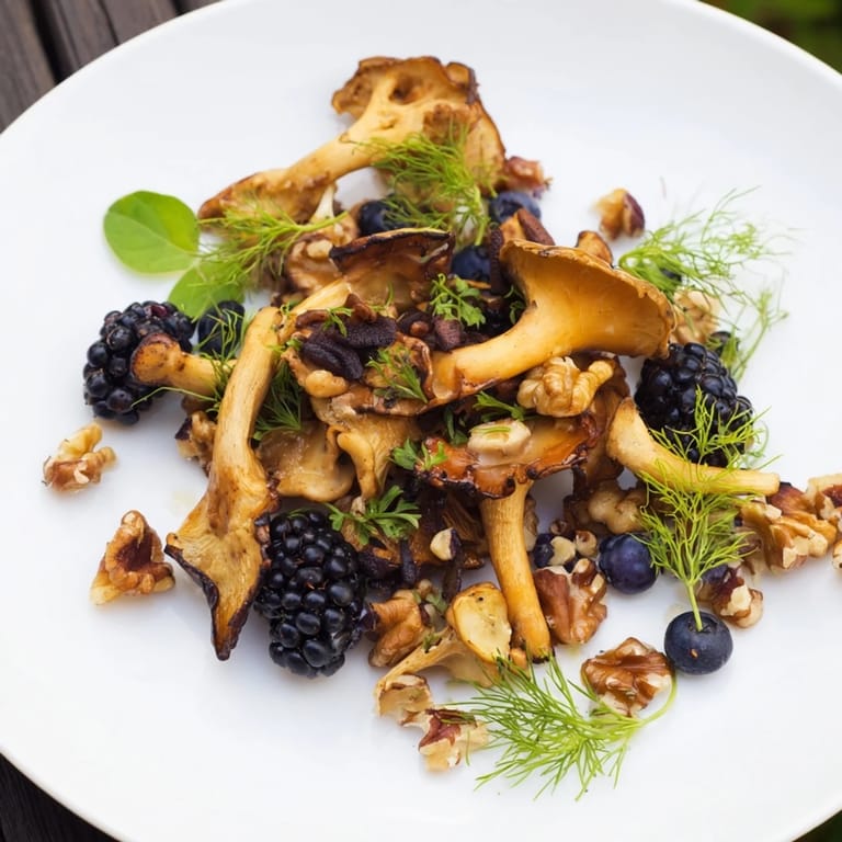 The delicious Northwest Forest Forager salad features dark berries clustered among golden, roasted wild mushrooms.