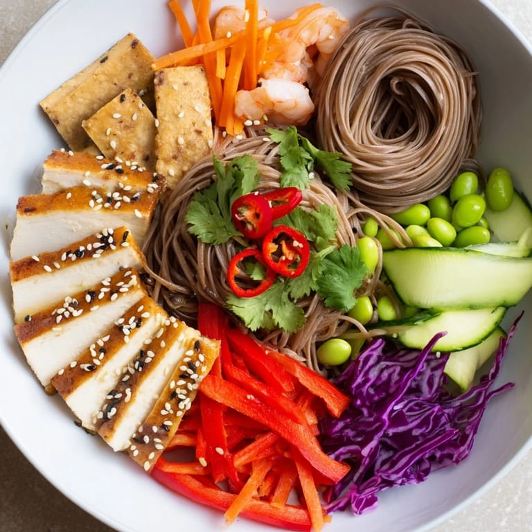Enjoy this vibrant Asian Fusion Noodle Bowl, laden with fresh vegetables and flavorful sauces.
