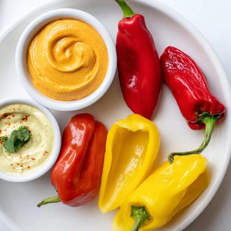 A vibrant Spicy Chili Pepper Fiesta platter showcases an assortment of peppers and creamy, colorful dips.