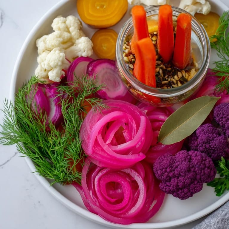 Crisp, tangy pickled vegetables comprise this fresh and healthy Pickled & Fermented Feast, perfect as an appetizer.