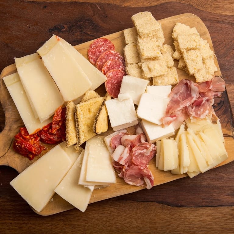 This Rustic Italian Farmhouse Board features a communal spread of fresh bread with various flavorful antipasti.