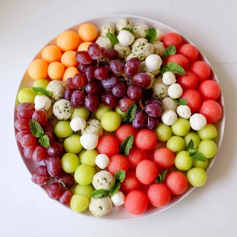 Chilled Polka Dot Platter featuring sweet melon balls, grapes, and mozzarella, ideal for summer gatherings.
