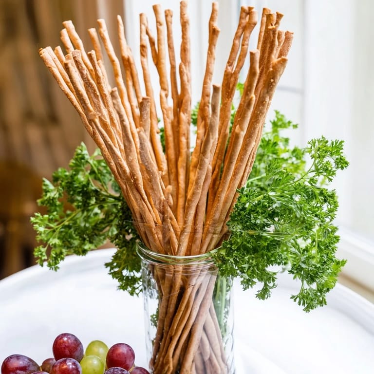Vibrant Vertical Forest display: Crispy breadsticks, grapes, and parsley form an artistic appetizer ready to serve.