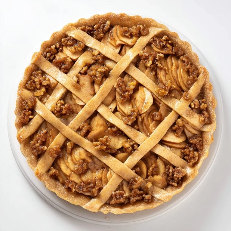 Close-up of the Lattice Orchard dessert, showcasing the beautiful apple slices and warm, inviting colors.