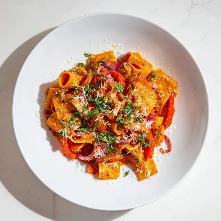 Close-up of the finished One-Pot Diavola Spicy Pasta, with visible red peppers and fresh herbs.