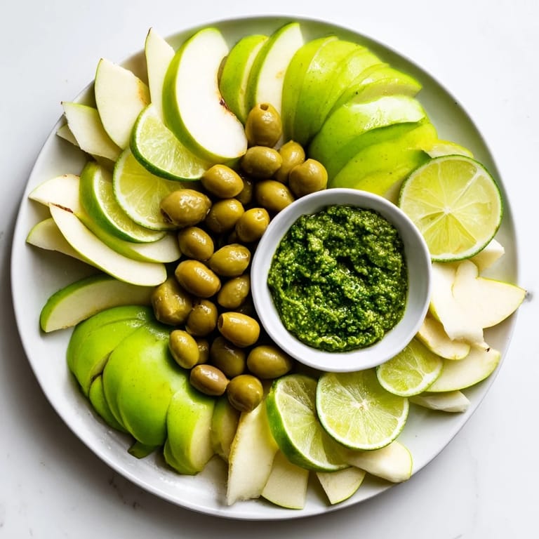 A visually stunning The Emerald City appetizer: fresh apples, olives, and pesto, perfect for entertaining.