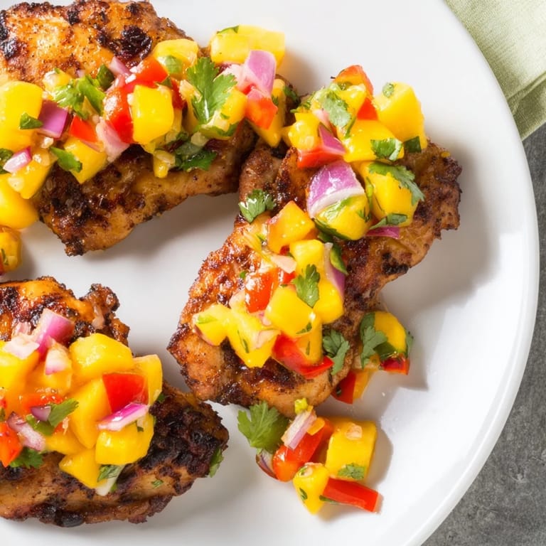 Bright, flavorful Grilled Mango Salsa Chicken ready to eat, served with fresh cilantro.