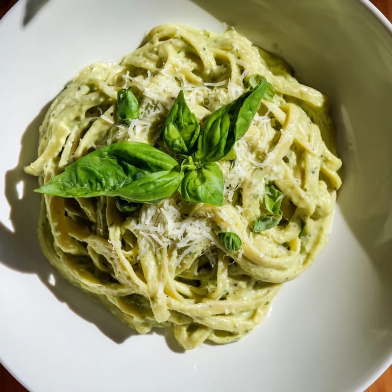 Enjoy this Creamy Avocado Pasta, imagined with fresh basil, Parmesan, and a swirl of flavorful lemon.